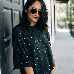 Zara Womens Charcoal Gray Pearl Short Sleeve Sweater Top Medium